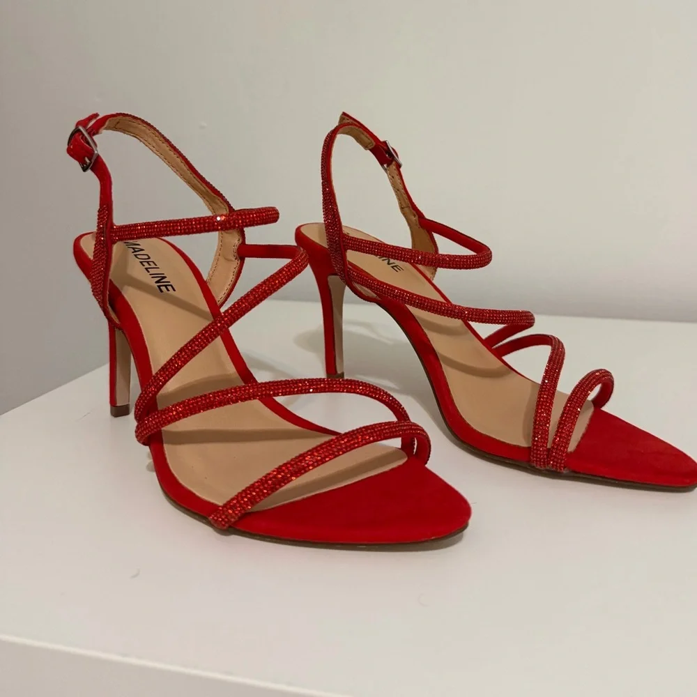 Madeline Red Crystal Strappy High Heel Sandals - Picture 1 of 5